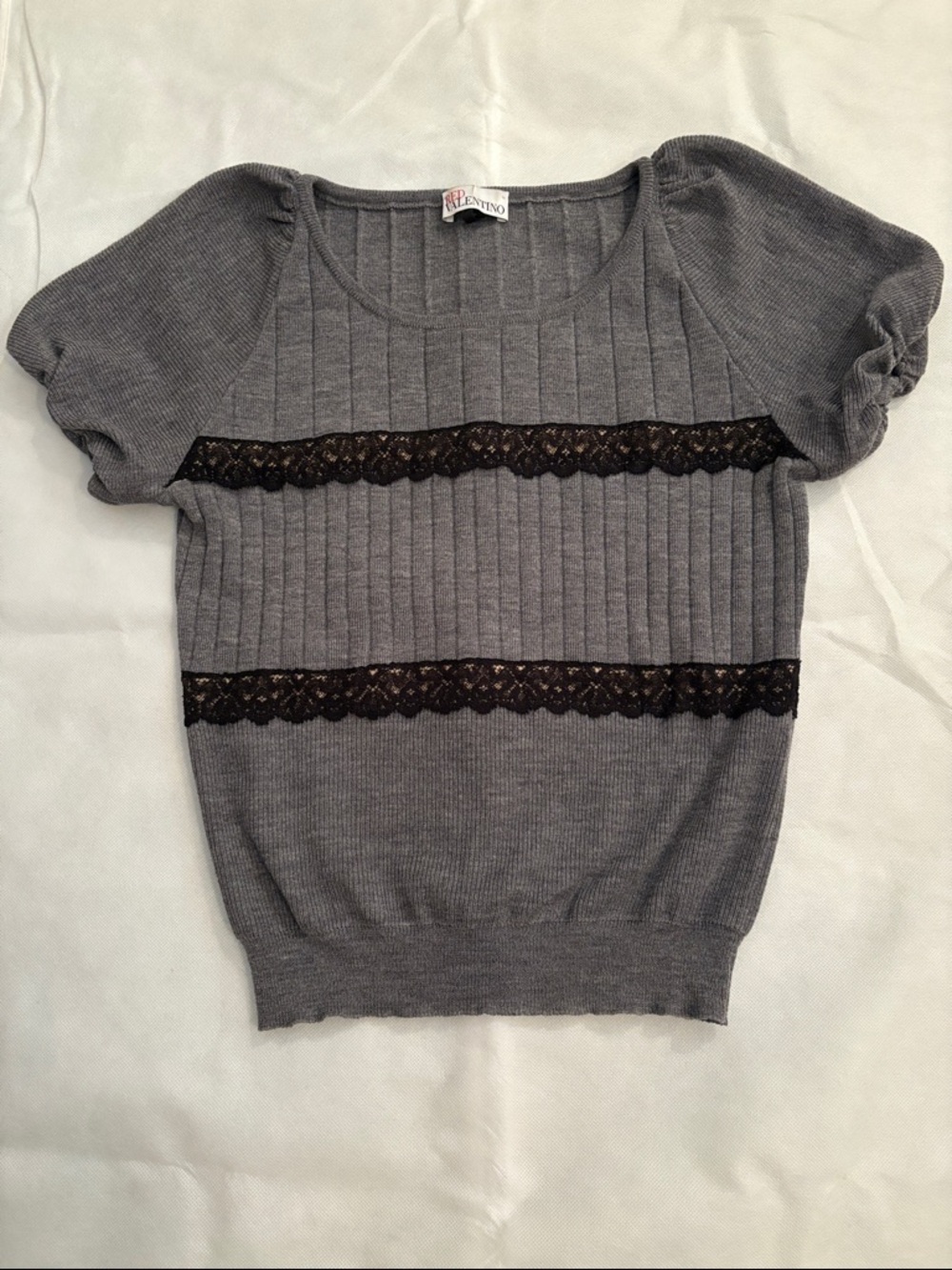 Valentino Gray Knit Top with Black Lace Bands size small